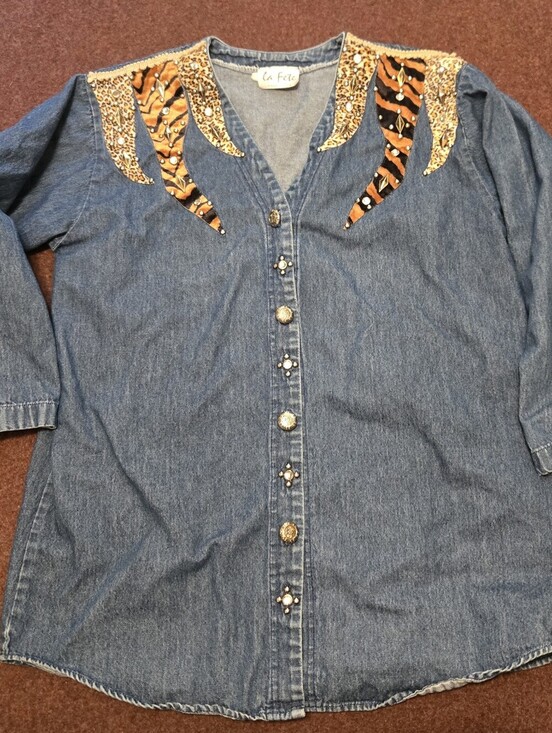 le fete Tops - Le Fete 80s/90s Maximalist Western-style Cotton Denim Shirt With Animal Print XL